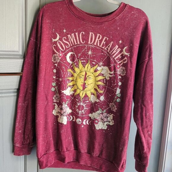 No Boundaries Tops - No Boundaries Large burgundy mineral-wash sweatshirt bold celestial graphics